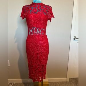Alexis Red Lace Dress with see through open back and mid section.